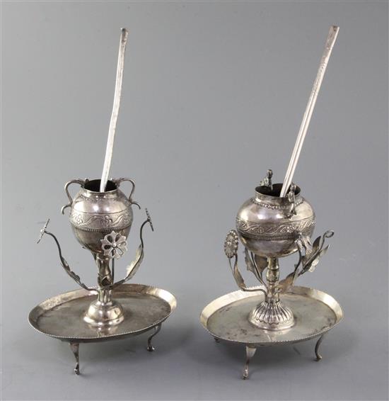 Two 19th century? South American white metal yerba mate gourds with two bombilla straws, 6.5in